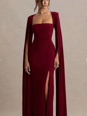 Club L London Wine-Red Cape Sleeve Evening Gown